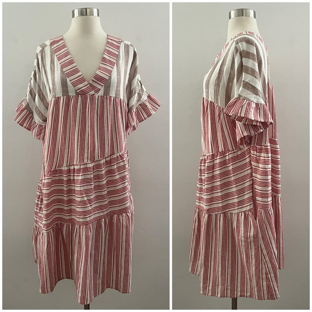 GiGio Striped Dress Small Red Tan Lagenlook Cotton Linen Oversized Relaxed NEW